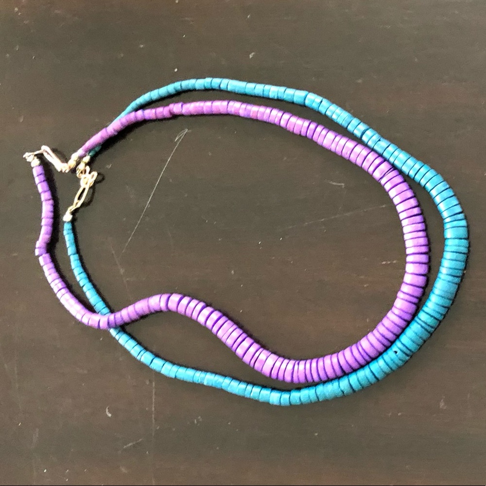 Purple & Teal Painted Wood Disc Beads Necklace